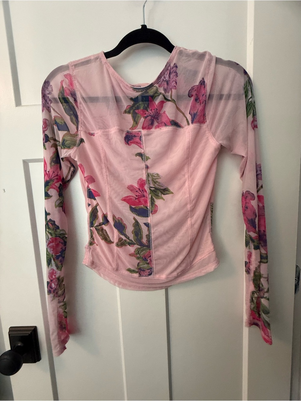 Free People Pink Floral Mesh Panel Long Sleeve Top - Picture 4 of 6